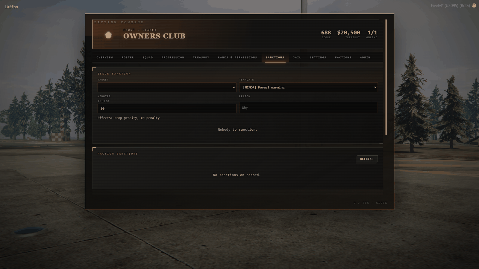 Faction sanctions tab with sanction templates and jail